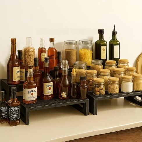8PCS Wooden Tiered Riser Display Stands, Stackable Perfume Organizer Cologne Stand for Men Women, Wooden Cupcake Dessert Stand, Food Display Risers, Black in Kuwait