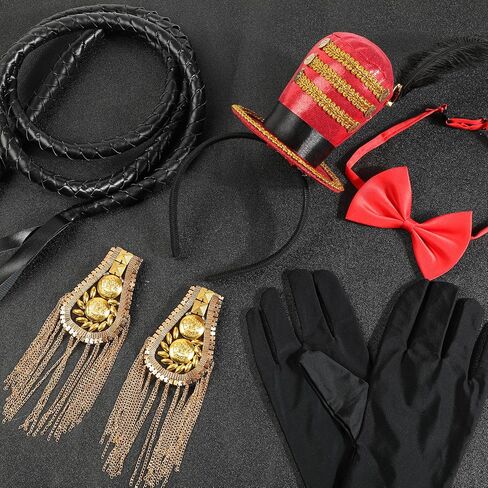 Circus Ringmaster Costume Accessories Mini Top Hat Headband Golden Tassel Epaulettes Faux Leather Whip Bow Tie Gloves for Lion Tamer Costume Women Men Carnival Halloween Cosplay in Saudi Arabia
