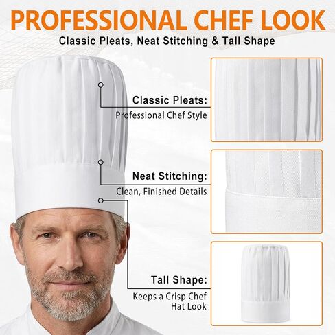 Chef Hat, White Tall Chef Hat for Men Women Adults, Hibachi Chef Hat for Cooking, Baking, Kitchen, Restaurant, Professional Chef Toque & Chef Costume Accessories in Saudi Arabia