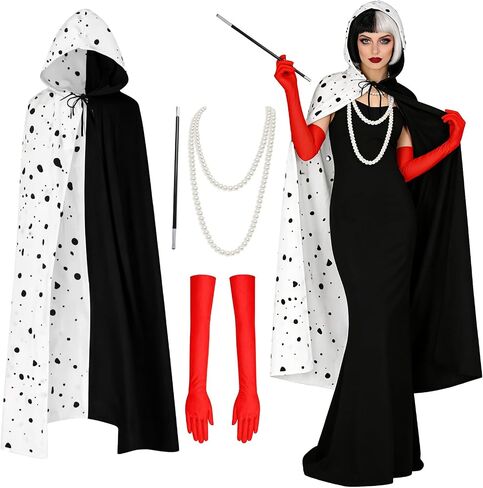 Black White Villain Costume for Women Dalmatian Cape Red Gloves Pearl Necklace Halloween Costume Set for Party Dress Up in Saudi Arabia
