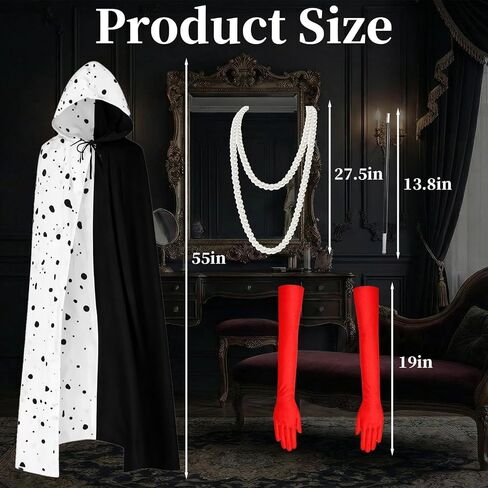 Black White Villain Costume for Women Dalmatian Cape Red Gloves Pearl Necklace Halloween Costume Set for Party Dress Up in Saudi Arabia