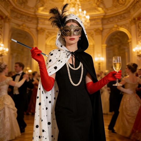 Black White Villain Costume for Women Dalmatian Cape Red Gloves Pearl Necklace Halloween Costume Set for Party Dress Up in Saudi Arabia