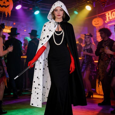 Black White Villain Costume for Women Dalmatian Cape Red Gloves Pearl Necklace Halloween Costume Set for Party Dress Up in Saudi Arabia