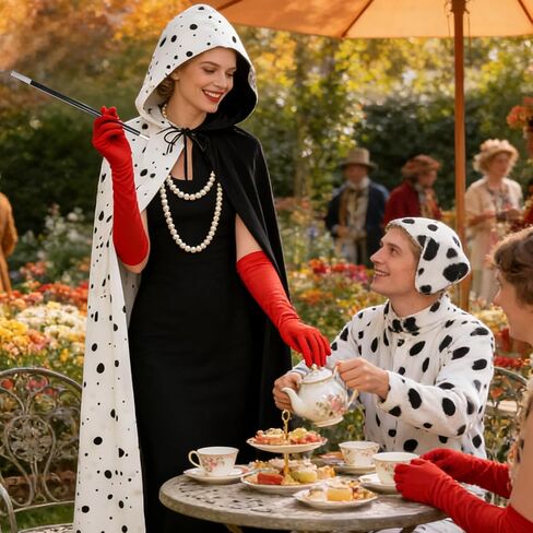 Black White Villain Costume for Women Dalmatian Cape Red Gloves Pearl Necklace Halloween Costume Set for Party Dress Up in Saudi Arabia