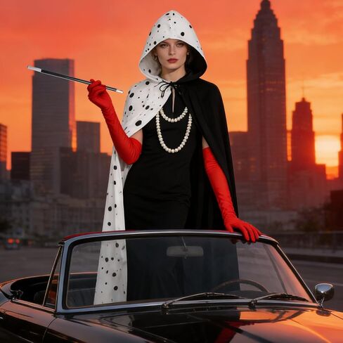 Black White Villain Costume for Women Dalmatian Cape Red Gloves Pearl Necklace Halloween Costume Set for Party Dress Up in Saudi Arabia