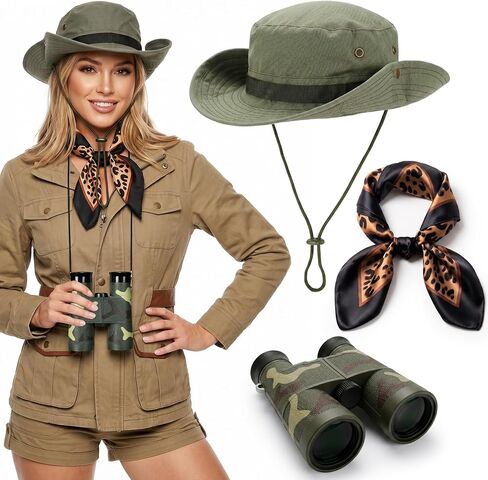 3 Pcs Safari Costume Women Safari Hat Binoculars Leopard Scarf Zoo Keeper Costume Adult Accessories Set for Halloween in Saudi Arabia