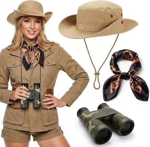 3 Pcs Safari Costume Women Safari Hat Binoculars Leopard Scarf Zoo Keeper Costume Adult Accessories Set for Halloween in Saudi Arabia