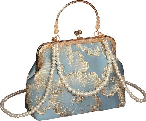 1920s Vintage Clutch Purse，Embroidery Dinner party handbag，Wedding Clutch with Pearl Chain Strap for Wedding, Prom in Saudi Arabia
