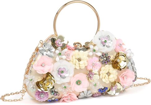 Women's Handmade Floral Sequin Evening Bag Beaded Clutch Purse with Metal Ring Handle for Wedding Prom Party in Saudi Arabia
