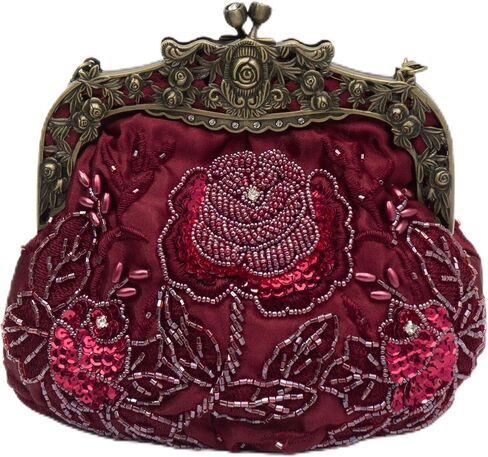 Vintage Beaded Rose Clutch Bag – Handmade Sequin Evening Handbag – Art Deco Kiss Lock Purse for Wedding, Prom, Party in Saudi Arabia