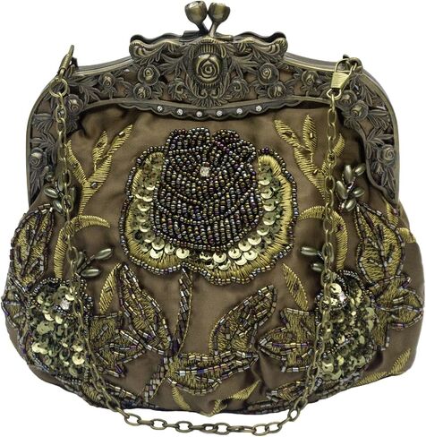 Vintage Beaded Rose Clutch Bag – Handmade Sequin Evening Handbag – Art Deco Kiss Lock Purse for Wedding, Prom, Party in Saudi Arabia