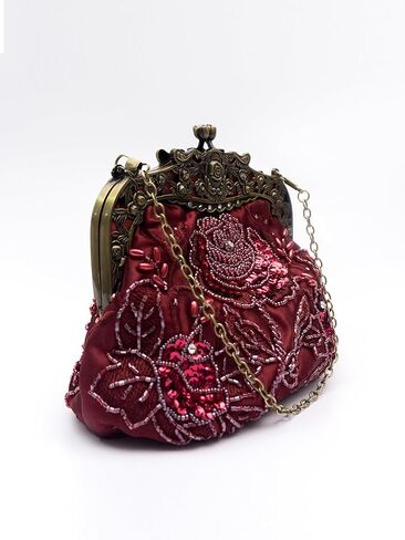 Vintage Beaded Rose Clutch Bag – Handmade Sequin Evening Handbag – Art Deco Kiss Lock Purse for Wedding, Prom, Party in Saudi Arabia