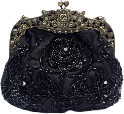 Vintage Beaded Rose Clutch Bag – Handmade Sequin Evening Handbag – Art Deco Kiss Lock Purse for Wedding, Prom, Party in Saudi Arabia
