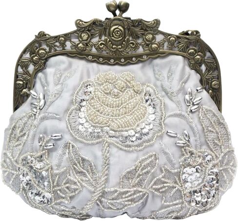 Vintage Beaded Rose Clutch Bag – Handmade Sequin Evening Handbag – Art Deco Kiss Lock Purse for Wedding, Prom, Party in Saudi Arabia