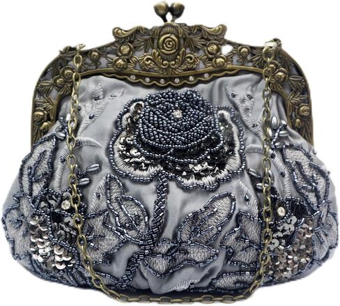 Vintage Beaded Rose Clutch Bag – Handmade Sequin Evening Handbag – Art Deco Kiss Lock Purse for Wedding, Prom, Party in Saudi Arabia