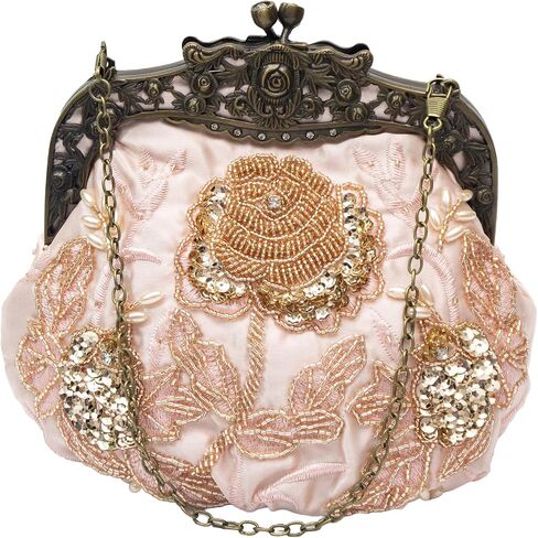 Vintage Beaded Rose Clutch Bag – Handmade Sequin Evening Handbag – Art Deco Kiss Lock Purse for Wedding, Prom, Party in Saudi Arabia