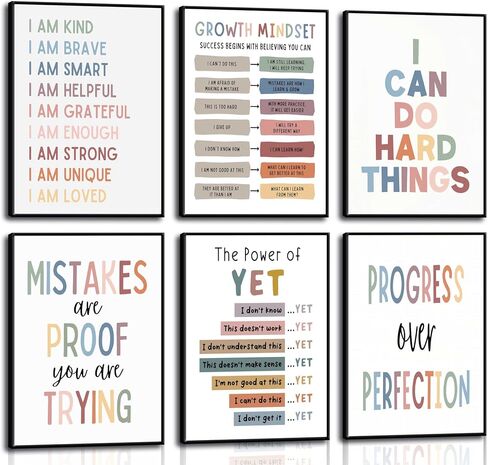 6Pcs Educational Growth Mindset Wall Art Kids Mental Health Therapy Canvas Paintings Positive Affirmations Wall Decor Boho Motivational Quotes Posters Prints for Nursery Classroom Picture Unframed in Saudi Arabia