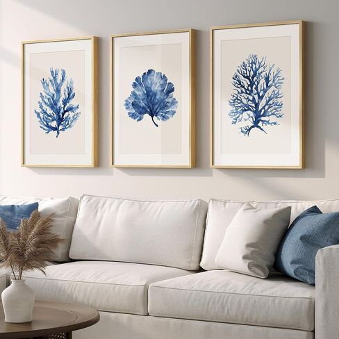 Framed Coastal Coral Wall Art for Living Room, Large Navy Blue Watercolor Coral Artwork for Walls, 3 Piece Minimalist Ocean Beach Marine Plants Pictures Prints for Bedroom Hallway Wall Decor, 16x24 In in Kuwait