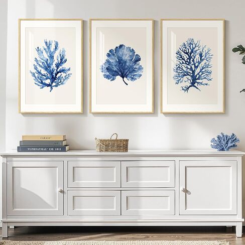Framed Coastal Coral Wall Art for Living Room, Large Navy Blue Watercolor Coral Artwork for Walls, 3 Piece Minimalist Ocean Beach Marine Plants Pictures Prints for Bedroom Hallway Wall Decor, 16x24 In in Kuwait