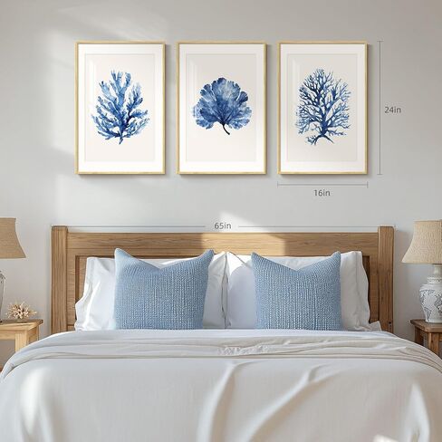 Framed Coastal Coral Wall Art for Living Room, Large Navy Blue Watercolor Coral Artwork for Walls, 3 Piece Minimalist Ocean Beach Marine Plants Pictures Prints for Bedroom Hallway Wall Decor, 16x24 In in Kuwait
