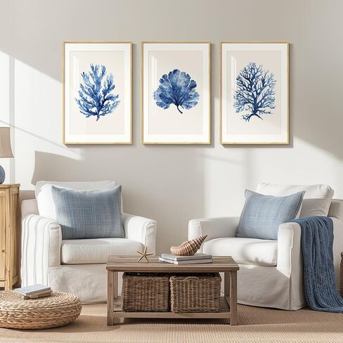 Framed Coastal Coral Wall Art for Living Room, Large Navy Blue Watercolor Coral Artwork for Walls, 3 Piece Minimalist Ocean Beach Marine Plants Pictures Prints for Bedroom Hallway Wall Decor, 16x24 In in Kuwait