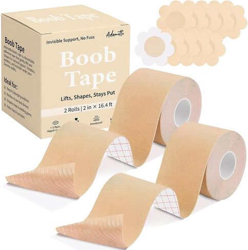 Boob Tape for Breast Lift – 2 Rolls Breathable Waterproof Push Up Adhesive Body Tape with 5 Pairs Sticky Nipple Covers, Invisible Support for Backless Strapless Dresses, Large Breasts A-G Cup Beige in Saudi Arabia