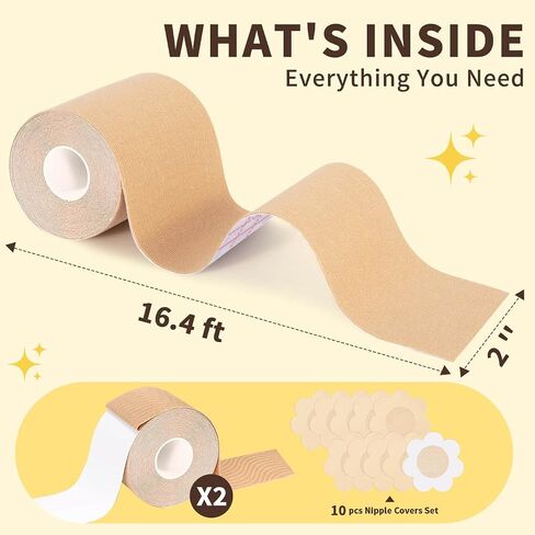 Boob Tape for Breast Lift – 2 Rolls Breathable Waterproof Push Up Adhesive Body Tape with 5 Pairs Sticky Nipple Covers, Invisible Support for Backless Strapless Dresses, Large Breasts A-G Cup Beige in Saudi Arabia
