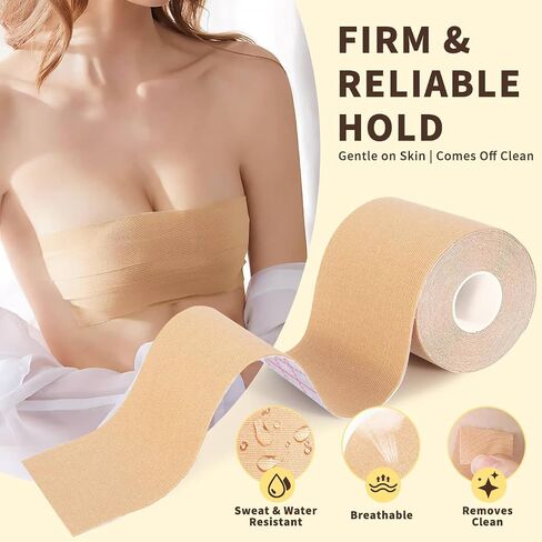 Boob Tape for Breast Lift – 2 Rolls Breathable Waterproof Push Up Adhesive Body Tape with 5 Pairs Sticky Nipple Covers, Invisible Support for Backless Strapless Dresses, Large Breasts A-G Cup Beige in Saudi Arabia