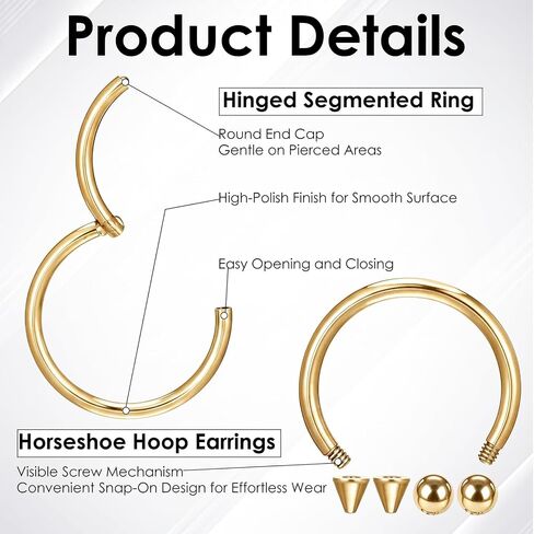 SynHHergyx 16G Gold Septum Rings Hinged Clicker Segment Gold Septum Jewelry Horseshoe Nose Ring Stainless Steel Nose Horseshoe Hoop Earring Eyebrow Lip Helix Tragus Piercing Ring 12 Pcs in Kuwait