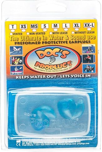 Medium Small – Non-Vented Doc’s Proplugs – Blue – Non-LEASHED – Reusable Earplugs for Swimming, Bathing, Light Industrial Use | Blocks Water, Noise, & Irritation | Includes Case | Made in USA in Kuwait