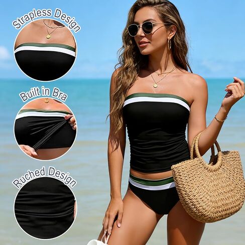 InfiniZer Strapless Tankini Swimsuits for Women - Two-Piece Pleated Tummy-Control Bandeau Tankini Tops for Women in Kuwait
