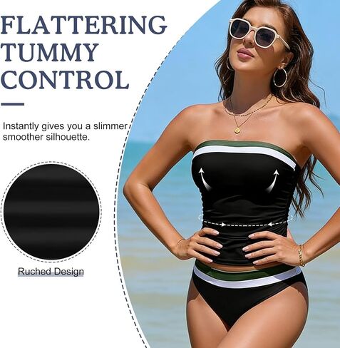 InfiniZer Strapless Tankini Swimsuits for Women - Two-Piece Pleated Tummy-Control Bandeau Tankini Tops for Women in Kuwait