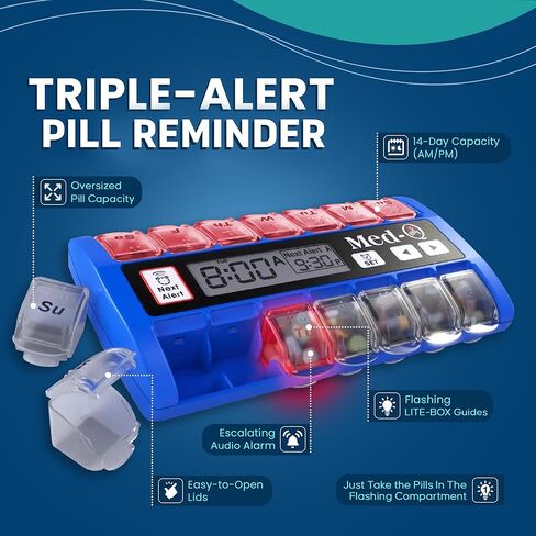 Digital Pill Box Organizer, 2 Beep Reminder, LED Alert, Blue in Kuwait
