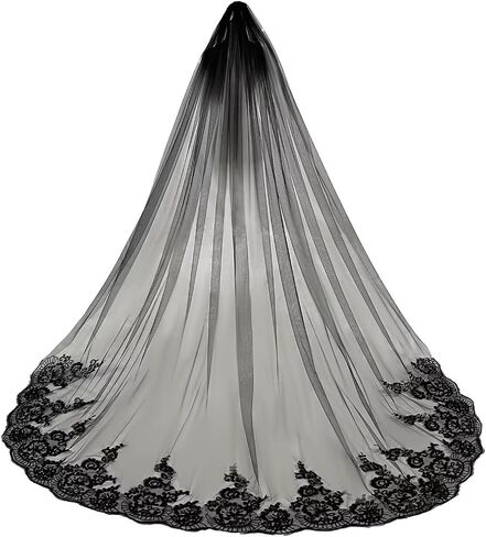 Black Lace Bridal Wedding Veil Floral Chapel Veils Gothic 1 Tier Long Tulle Veil with Metal Comb for Brides and Women Bachelorette Party in Saudi Arabia