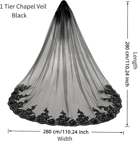 Black Lace Bridal Wedding Veil Floral Chapel Veils Gothic 1 Tier Long Tulle Veil with Metal Comb for Brides and Women Bachelorette Party in Saudi Arabia