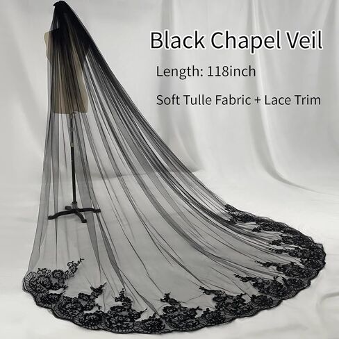 Black Lace Bridal Wedding Veil Floral Chapel Veils Gothic 1 Tier Long Tulle Veil with Metal Comb for Brides and Women Bachelorette Party in Saudi Arabia
