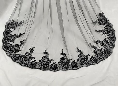 Black Lace Bridal Wedding Veil Floral Chapel Veils Gothic 1 Tier Long Tulle Veil with Metal Comb for Brides and Women Bachelorette Party in Saudi Arabia