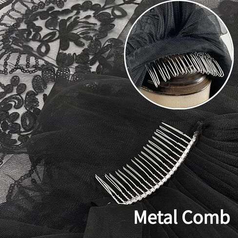 Black Lace Bridal Wedding Veil Floral Chapel Veils Gothic 1 Tier Long Tulle Veil with Metal Comb for Brides and Women Bachelorette Party in Saudi Arabia
