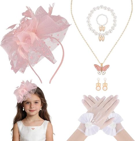 Girls Fascinators Hats, Pink Tea Party Hat with Fancy Veil Mesh Lace Gloves Pearl Jewelry Set, 1920s Vintage Elegant Hair Accessories Headband for Flower Girl Birthday Photo Shoot in Saudi Arabia