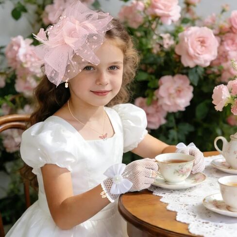 Girls Fascinators Hats, Pink Tea Party Hat with Fancy Veil Mesh Lace Gloves Pearl Jewelry Set, 1920s Vintage Elegant Hair Accessories Headband for Flower Girl Birthday Photo Shoot in Saudi Arabia