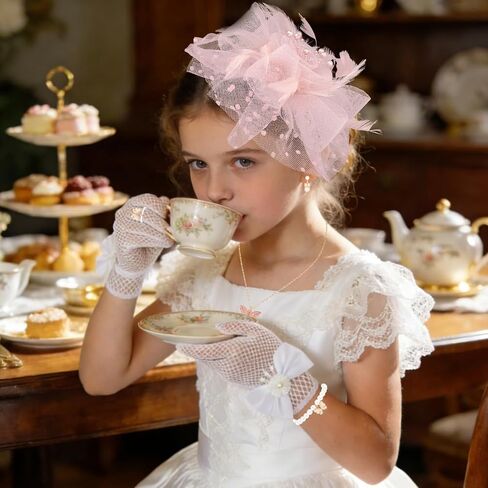Girls Fascinators Hats, Pink Tea Party Hat with Fancy Veil Mesh Lace Gloves Pearl Jewelry Set, 1920s Vintage Elegant Hair Accessories Headband for Flower Girl Birthday Photo Shoot in Saudi Arabia