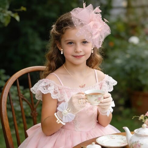 Girls Fascinators Hats, Pink Tea Party Hat with Fancy Veil Mesh Lace Gloves Pearl Jewelry Set, 1920s Vintage Elegant Hair Accessories Headband for Flower Girl Birthday Photo Shoot in Saudi Arabia