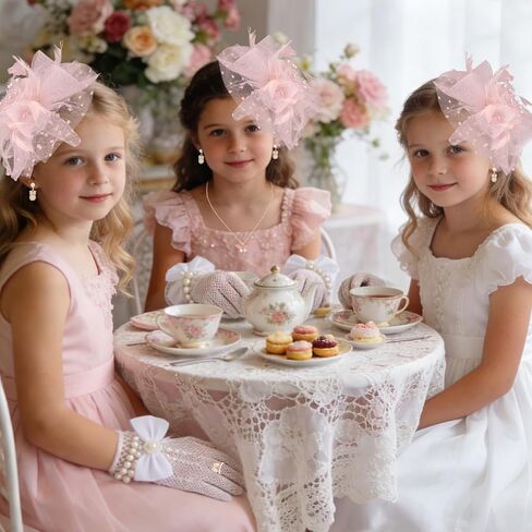Girls Fascinators Hats, Pink Tea Party Hat with Fancy Veil Mesh Lace Gloves Pearl Jewelry Set, 1920s Vintage Elegant Hair Accessories Headband for Flower Girl Birthday Photo Shoot in Saudi Arabia