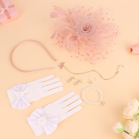 Girls Fascinators Hats, Pink Tea Party Hat with Fancy Veil Mesh Lace Gloves Pearl Jewelry Set, 1920s Vintage Elegant Hair Accessories Headband for Flower Girl Birthday Photo Shoot in Saudi Arabia