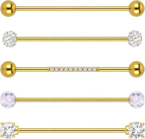 5Pcs Gold Industrial Piercing Jewelry, 14G Surgical Steel Cubic Zircon Cartilage Helix Piercing Barbell Earrings, 38mm Industrial Bar Body Piercing Jewelry for Women Men in Kuwait