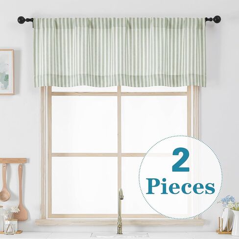 Chyhomenyc Sage Green Stripe Window Valances - Light Filtering Faux Linen Short Kitchen Valance Curtains, Rod Pocket Boho Striped Topper Farmhouse Valance for Living Room Bathroom, 52Wx18L, 2 Pieces in Kuwait