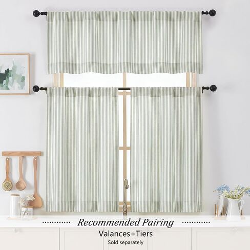 Chyhomenyc Sage Green Stripe Window Valances - Light Filtering Faux Linen Short Kitchen Valance Curtains, Rod Pocket Boho Striped Topper Farmhouse Valance for Living Room Bathroom, 52Wx18L, 2 Pieces in Kuwait