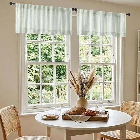Chyhomenyc Sage Green Stripe Window Valances - Light Filtering Faux Linen Short Kitchen Valance Curtains, Rod Pocket Boho Striped Topper Farmhouse Valance for Living Room Bathroom, 52Wx18L, 2 Pieces in Kuwait