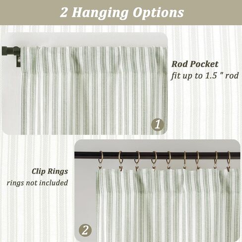 Chyhomenyc Sage Green Stripe Window Valances - Light Filtering Faux Linen Short Kitchen Valance Curtains, Rod Pocket Boho Striped Topper Farmhouse Valance for Living Room Bathroom, 52Wx18L, 2 Pieces in Kuwait