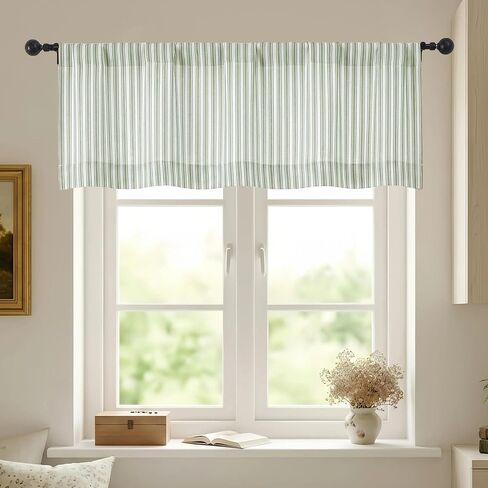 Chyhomenyc Sage Green Stripe Window Valances - Light Filtering Faux Linen Short Kitchen Valance Curtains, Rod Pocket Boho Striped Topper Farmhouse Valance for Living Room Bathroom, 52Wx18L, 2 Pieces in Kuwait